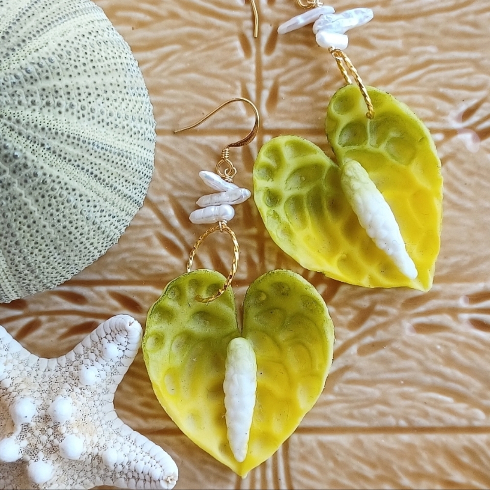 Green And Yellow Anthurium Earrings